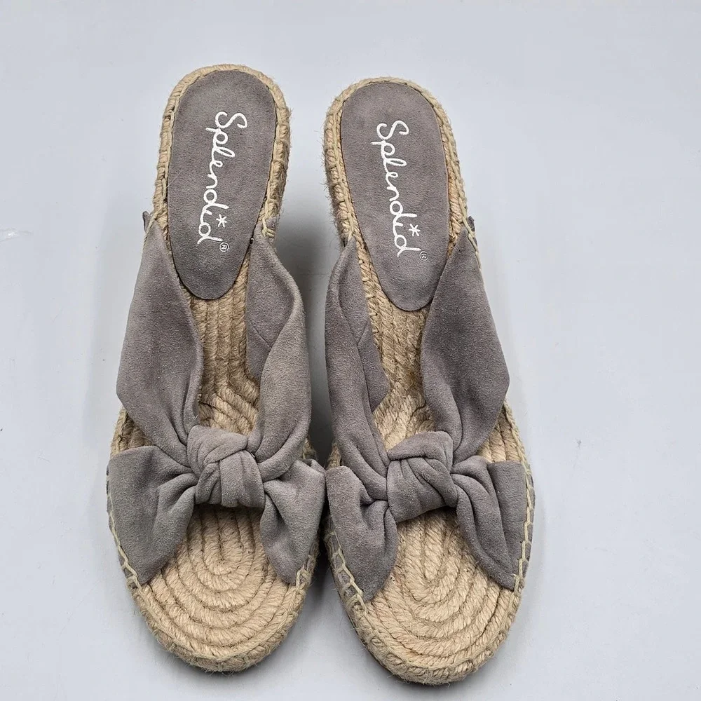 Splendid Sandals Womens 8 Espadrille Wedge Grey Suede Knotted Bow Slide EUC Boho